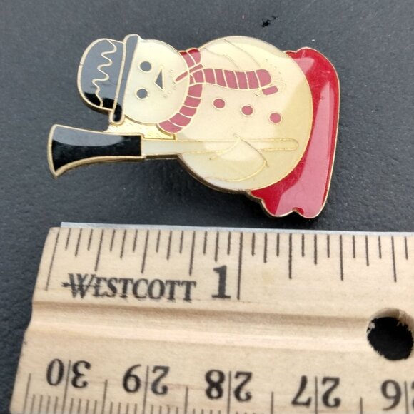 Snowman Pinback Pin Brooch Bowler Hat Broom Vintage Christmas Holiday Enamel - Picture 2 of 3